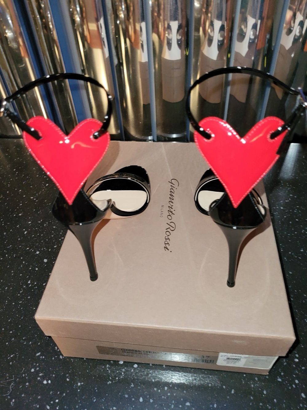 Gianvito Rossi Black Patent Heels with Red Heart Accent
